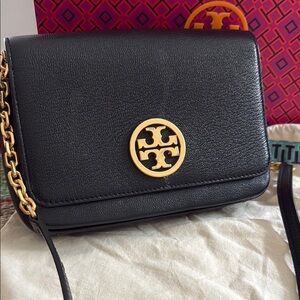 Tory Burch Black and Gold Crossbody Bag with Iconic Logo
